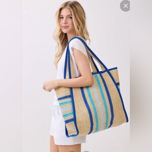 New Large Striped Woven Straw Beach Tote Bag with Blue and Tan Accents